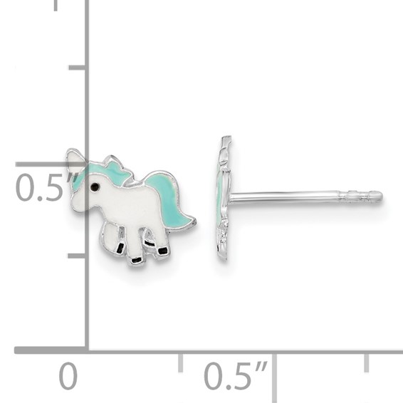 Sterling Silver Rhodium-plated Polished Multi-color Enameled Blue Unicorn Children's Post Earrings
