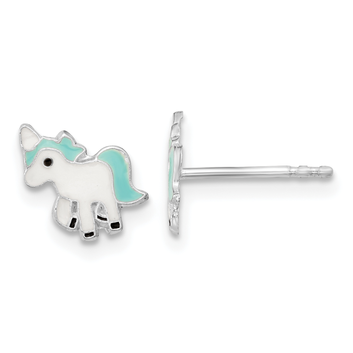 Sterling Silver Rhodium-plated Polished Multi-color Enameled Blue Unicorn Children's Post Earrings (QE16618)