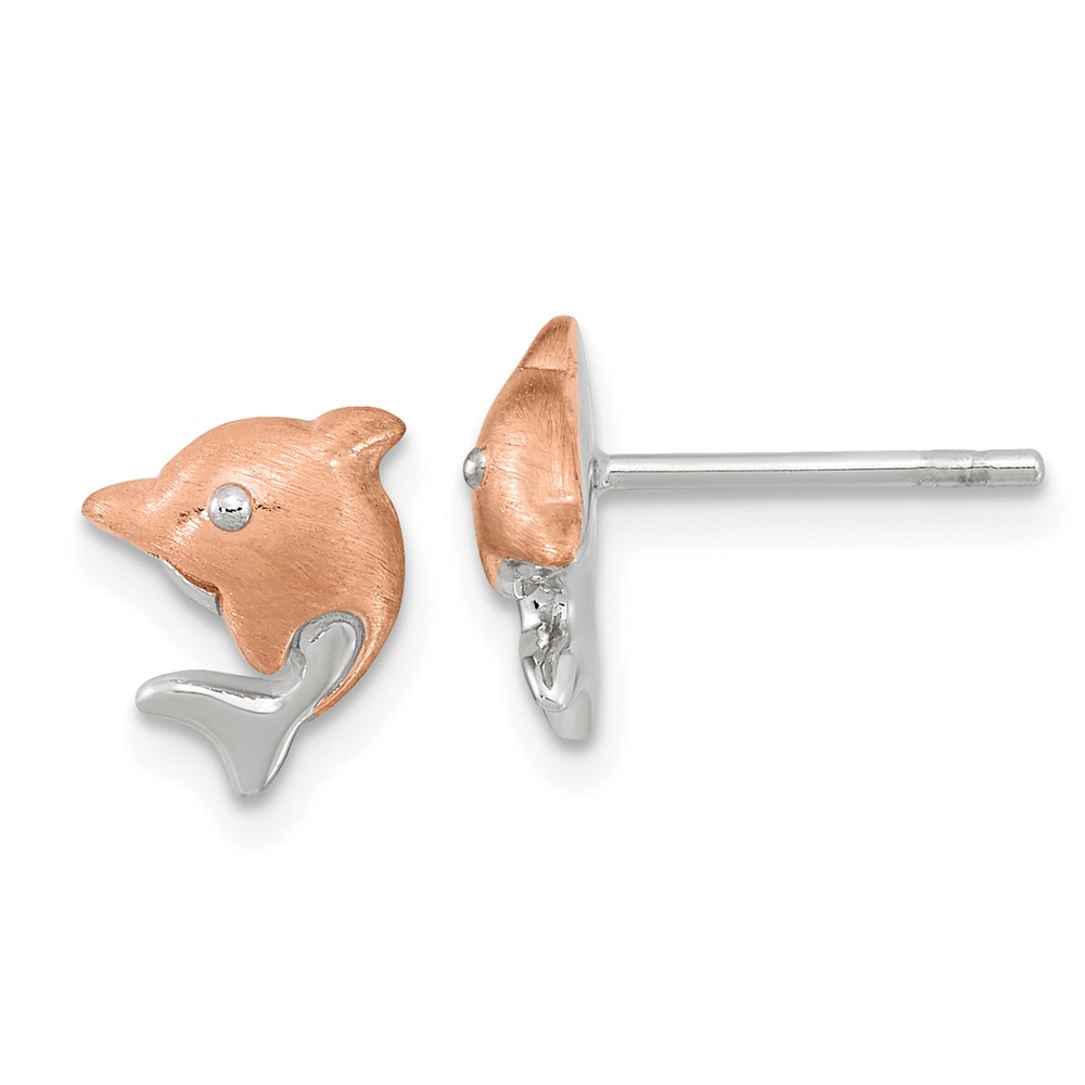 Sterling Silver RH-plated & Rose Gold-plated Dolphin Post Earrings