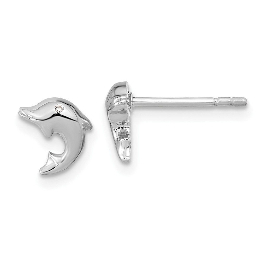 Sterling Silver RH-plated Polished CZ Dolphin Post Earrings