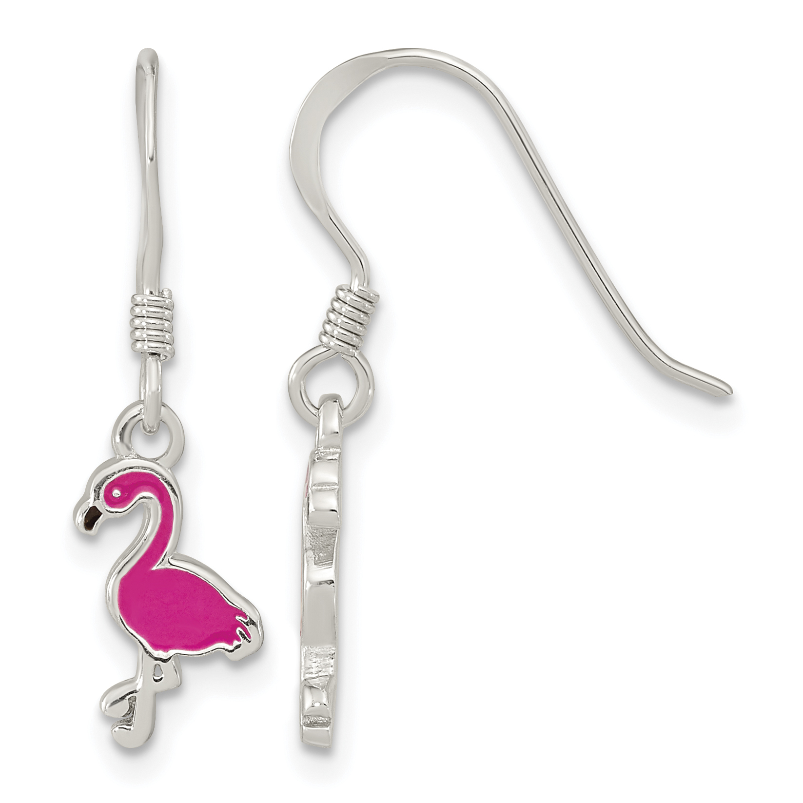 Sterling Silver Rhod-pltd Pink Enamel Flamingo Children's Dangle Earrings (QE16622)