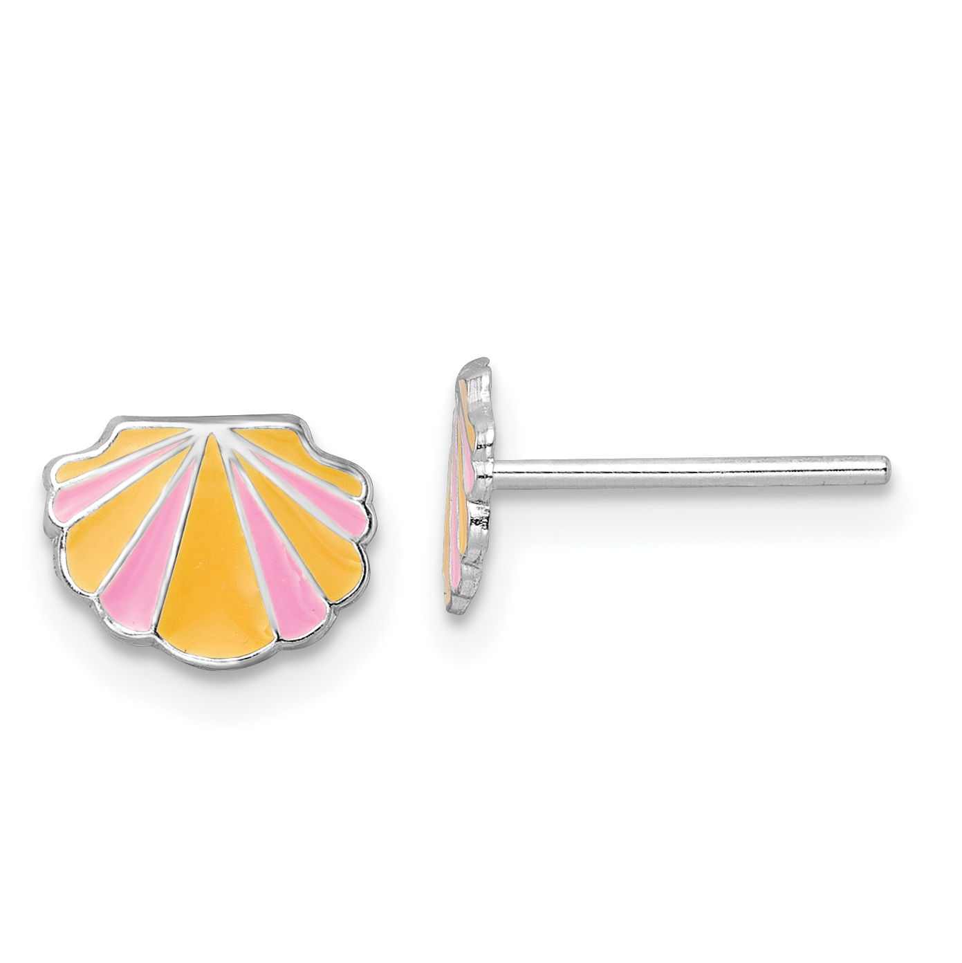 Sterling Silver Rhodium-plated Polished Pink and Orange Enameled Shell Children's Post Earrings (QE16623)