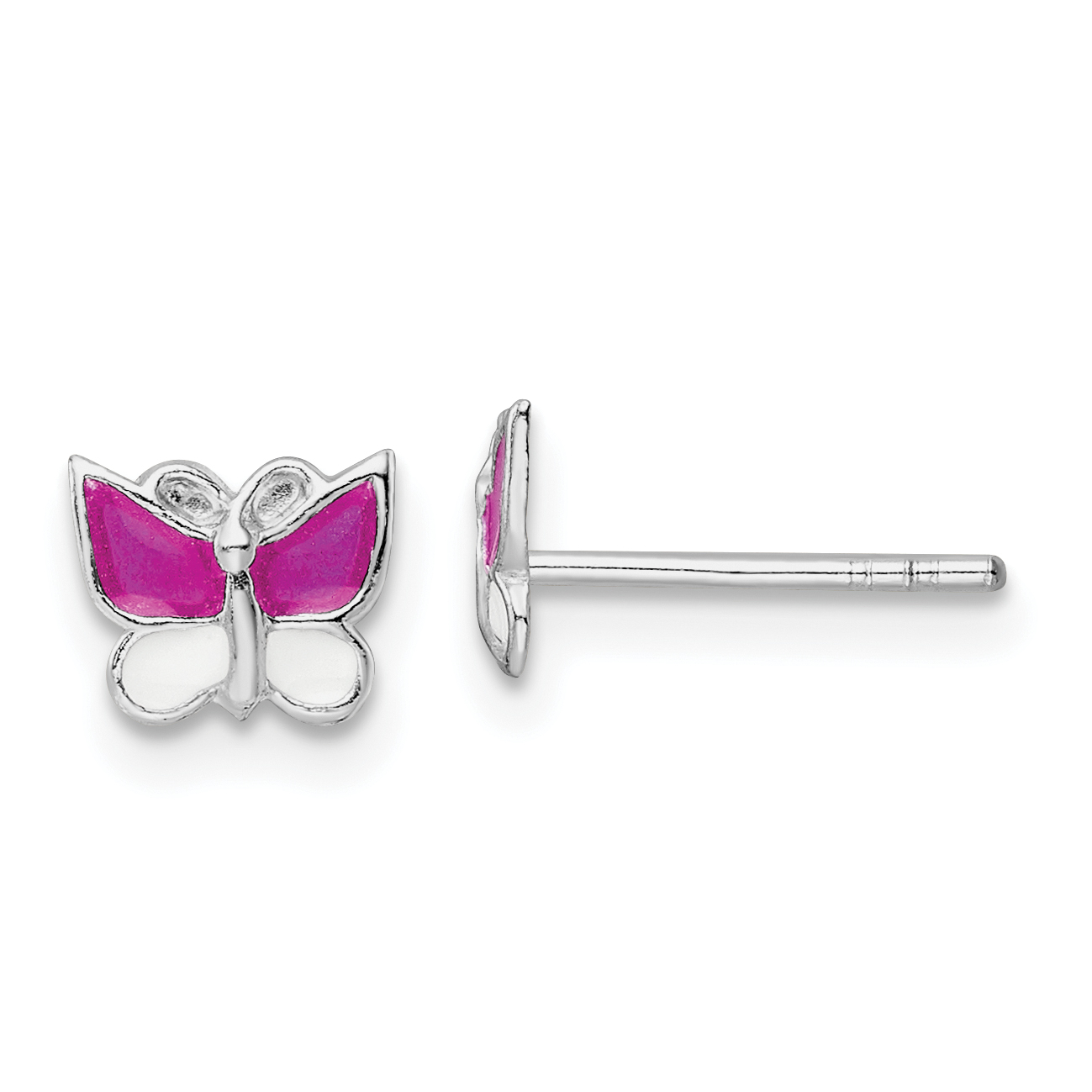 Sterling Silver Rhodium-plated Polished Pink & White Enameled Butterfly Children's Post Earrings (QE16626)