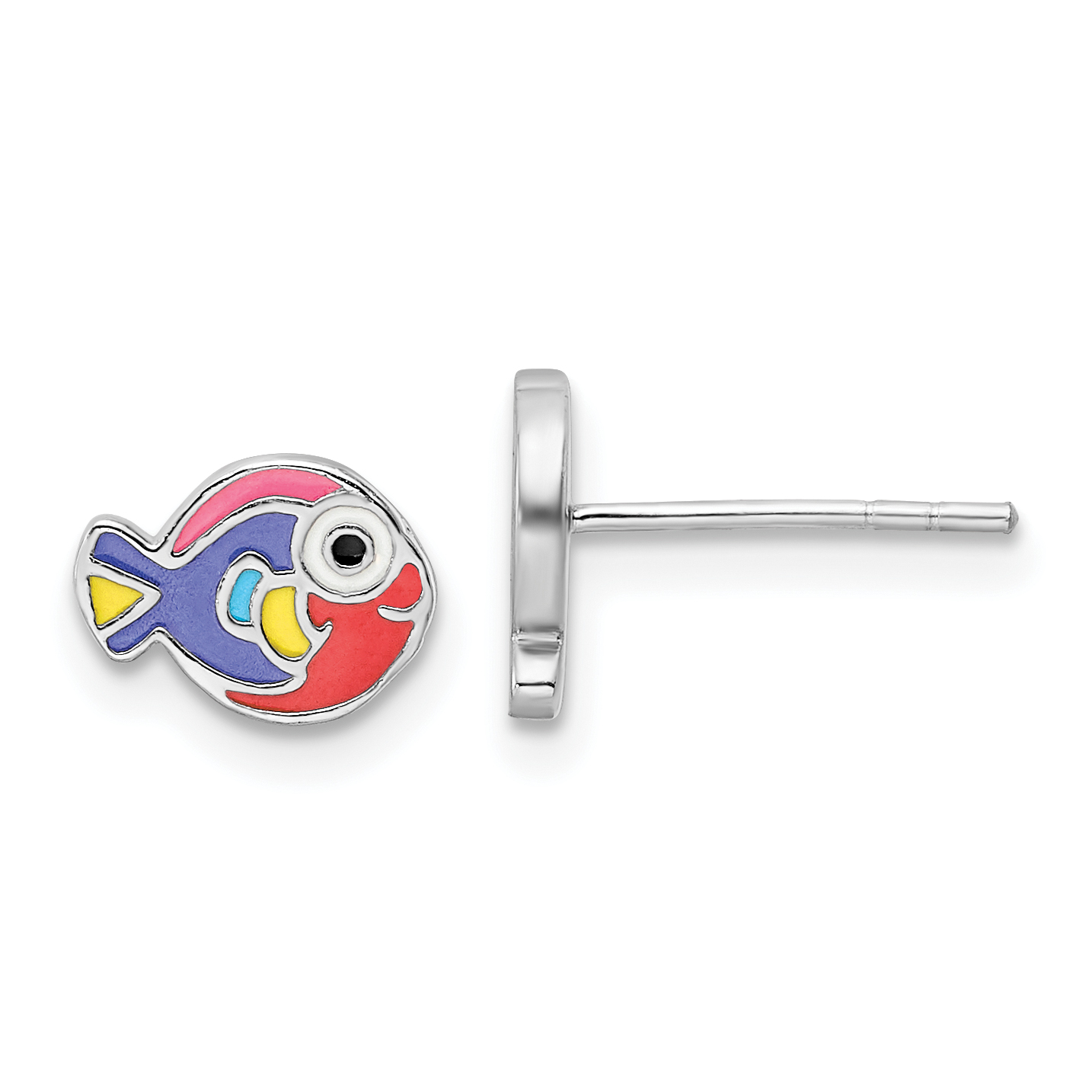 Sterling Silver Rhodium-plated Polished Multi-color Enameled Fish Children's Post Earrings (QE16630)