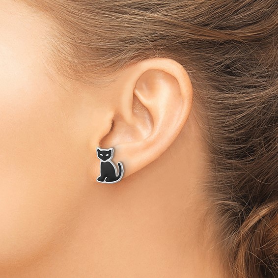 Sterling Silver RH-plated Polished Black Enameled Cat Post Earrings