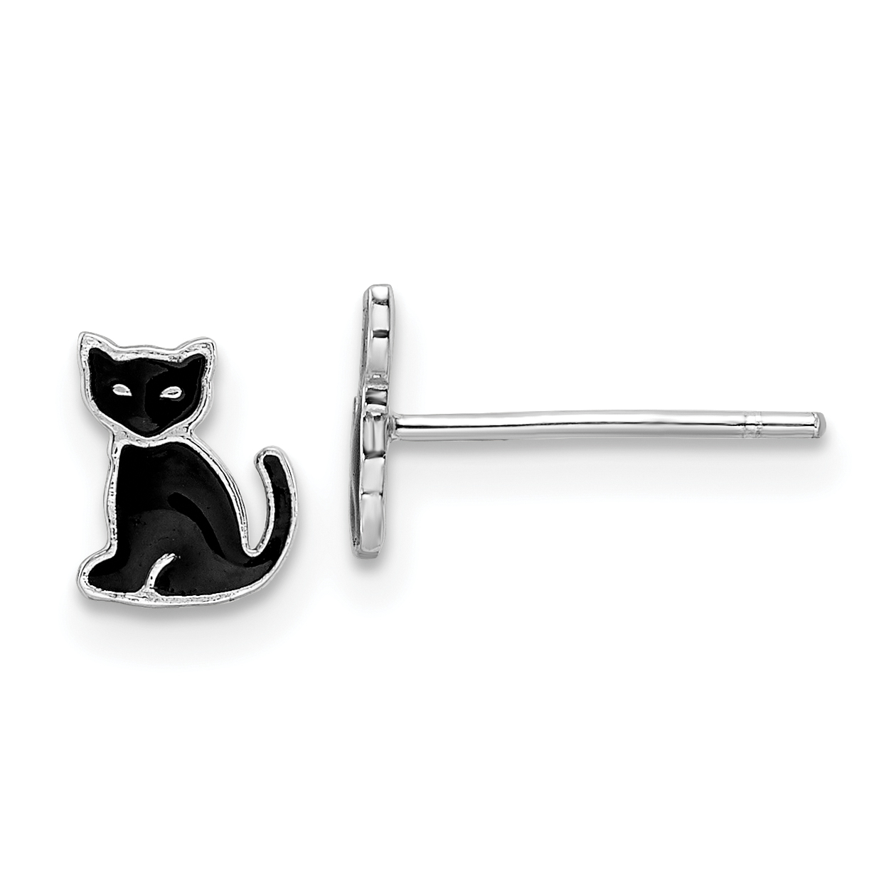 Sterling Silver RH-plated Polished Black Enameled Cat Post Earrings (QE16631)