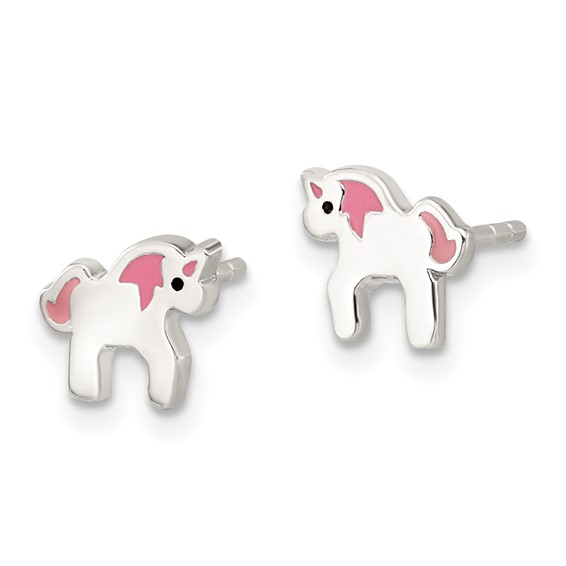 Sterling Silver Polished Multi-color Enameled Unicorn Children's Post Earrings