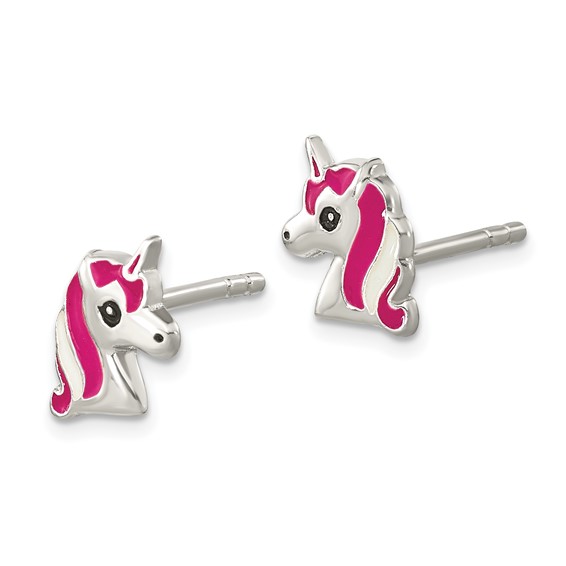Sterling Silver Polished Multi-color Enameled Unicorn Head Children's Post Earrings
