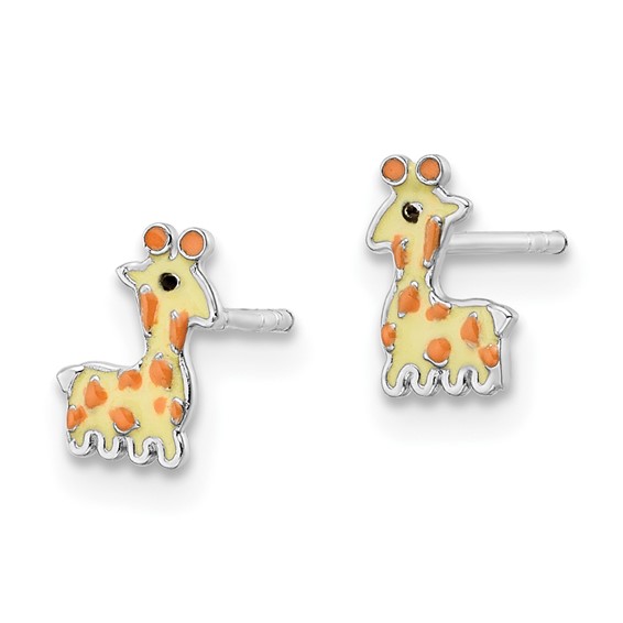Sterling Silver Rhodium-plated Polished & Yellow, Orange & Black Enameled Giraffe Children's Post Earrings