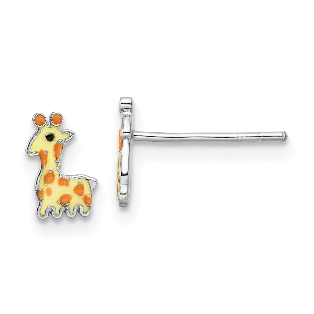 Sterling Silver Rhodium-plated Polished & Yellow, Orange & Black Enameled Giraffe Children's Post Earrings (QE16635)