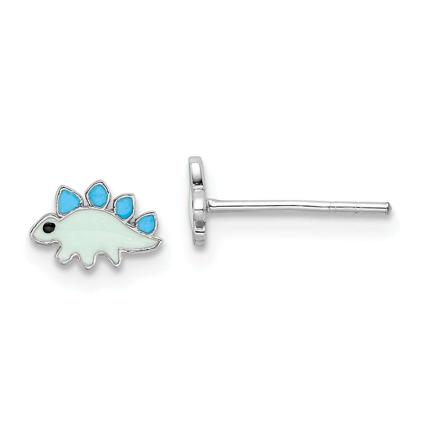 Sterling Silver Rhodium-plated Polished & Blue/Black Enameled Dinosaur Children's Post Earrings (QE16636)