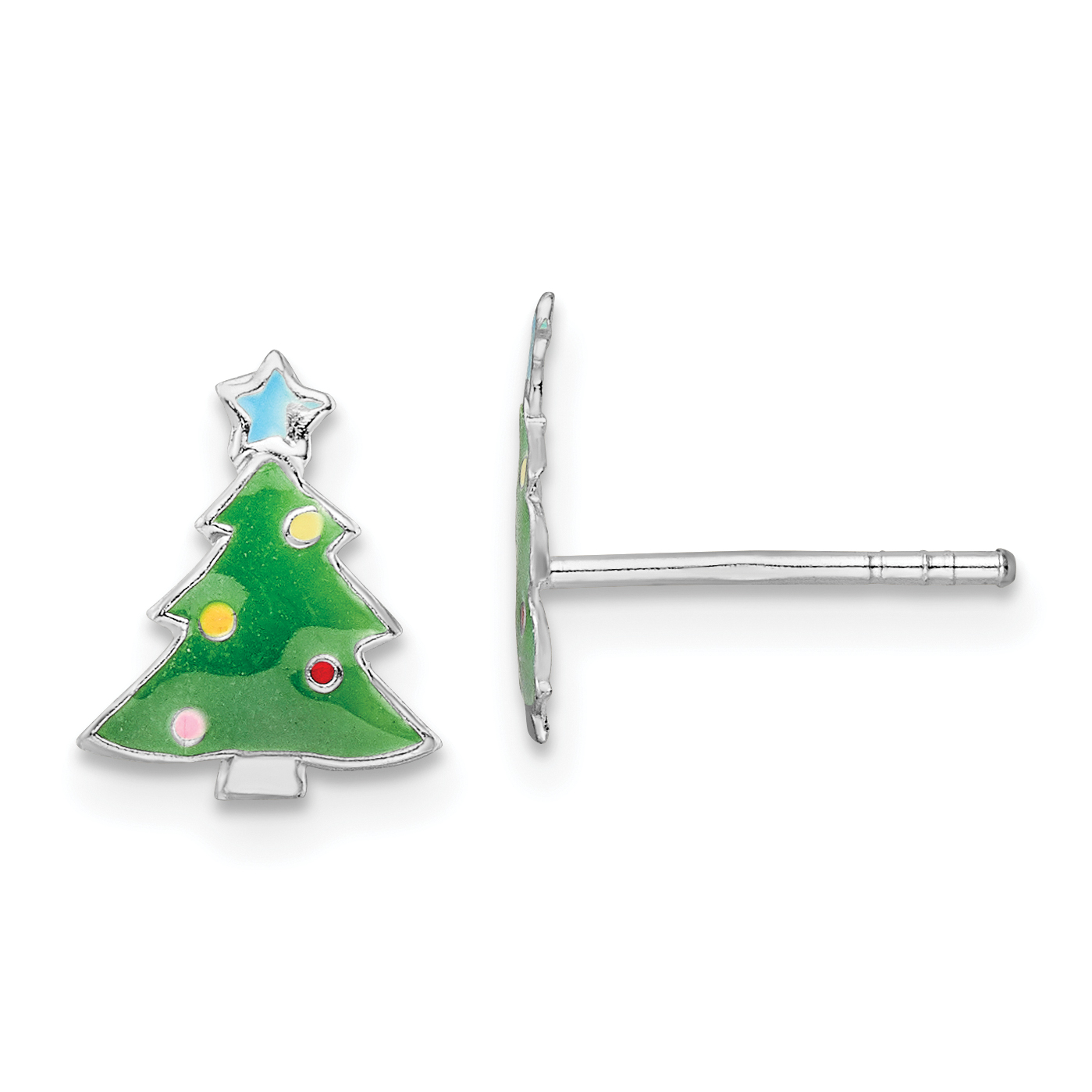 Sterling Silver Rhodium-plated Polished Multi-color Enameled Christmas Tree Children's Post Earrings (QE16637)