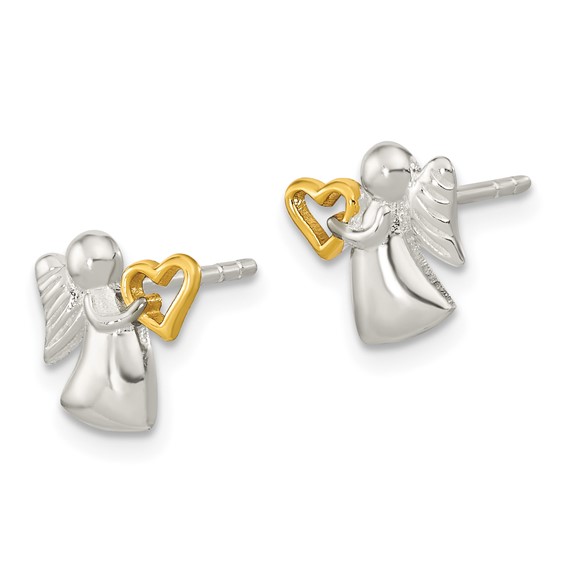 Sterling Silver Angel Gold-tone Heart Polished Post Earrings