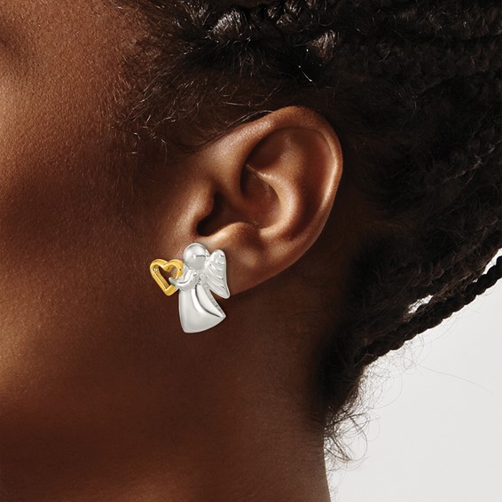 Sterling Silver Angel Gold-tone Heart Polished Post Earrings
