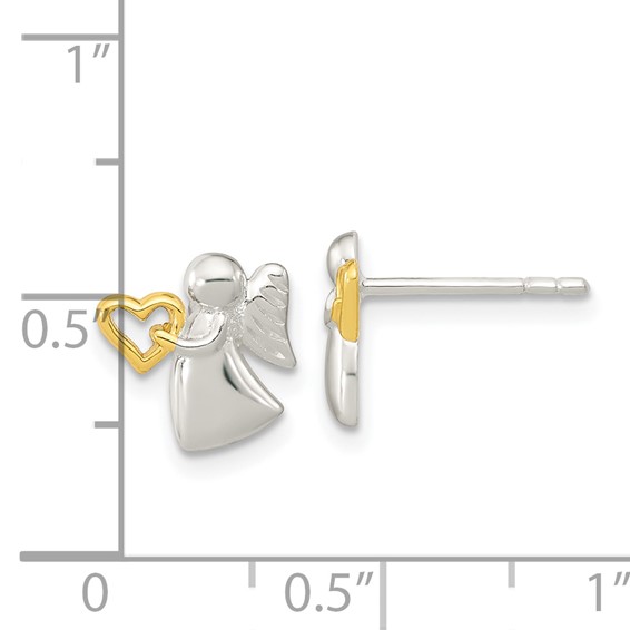 Sterling Silver Angel Gold-tone Heart Polished Post Earrings