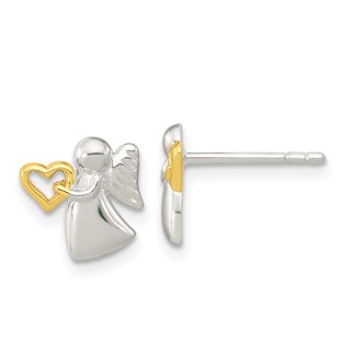 Sterling Silver Angel Gold-tone Heart Polished Post Earrings
