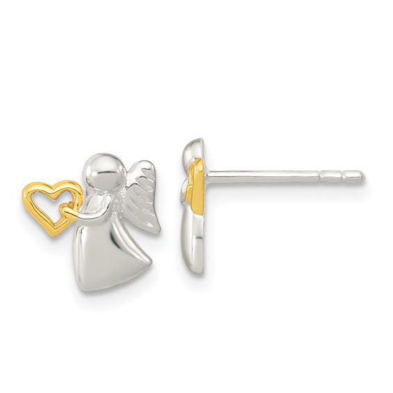 Sterling Silver Angel Gold-tone Heart Polished Post Earrings