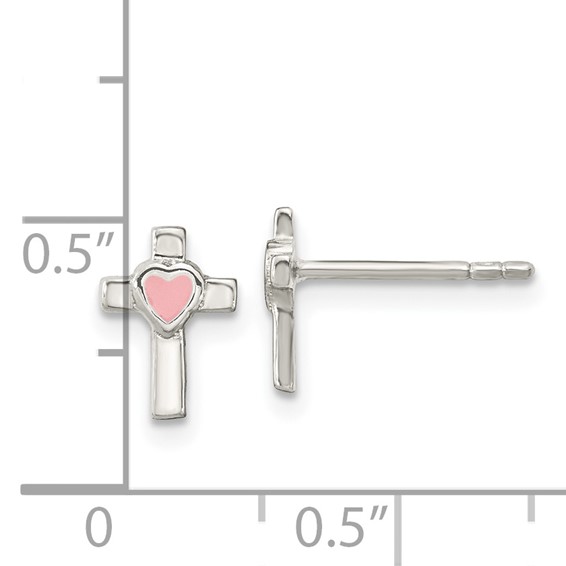Sterling Silver Rhodium-plated Cross Pink Enamel Heart Post Earrings