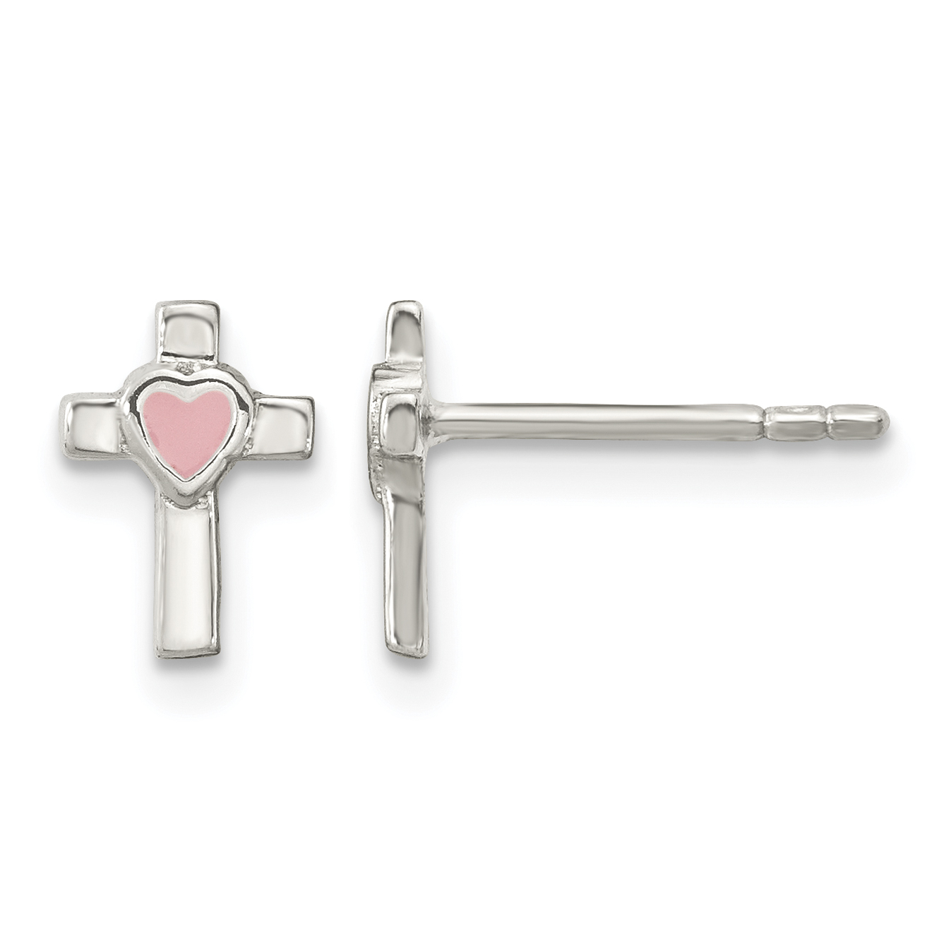 Sterling Silver Rhodium-plated Cross Pink Enamel Heart Post Earrings (QE16639)