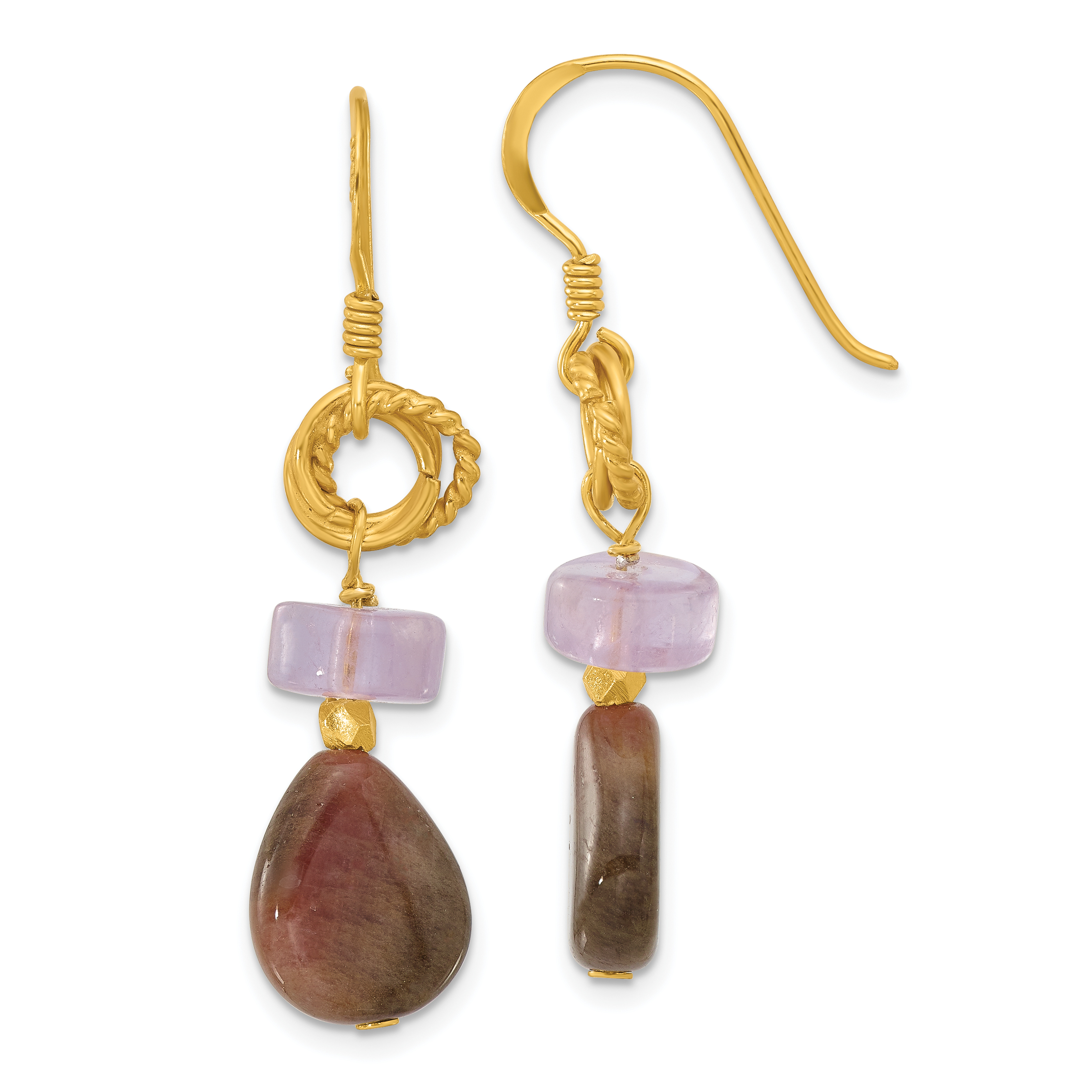 Sterling Silver Gold-plated Amethyst and Tourmaline Dangle Earrings (QE16663)