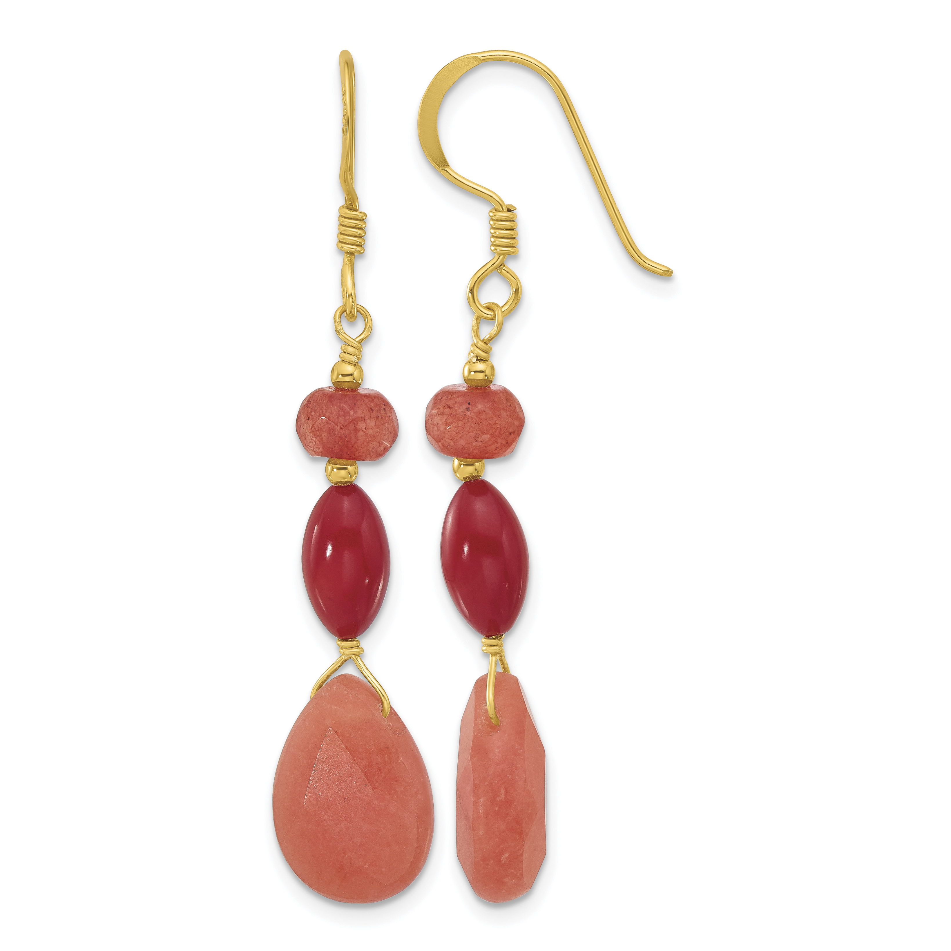 Sterling Silver Gold-plated Coral and Jade Dangle Earrings (QE16673)