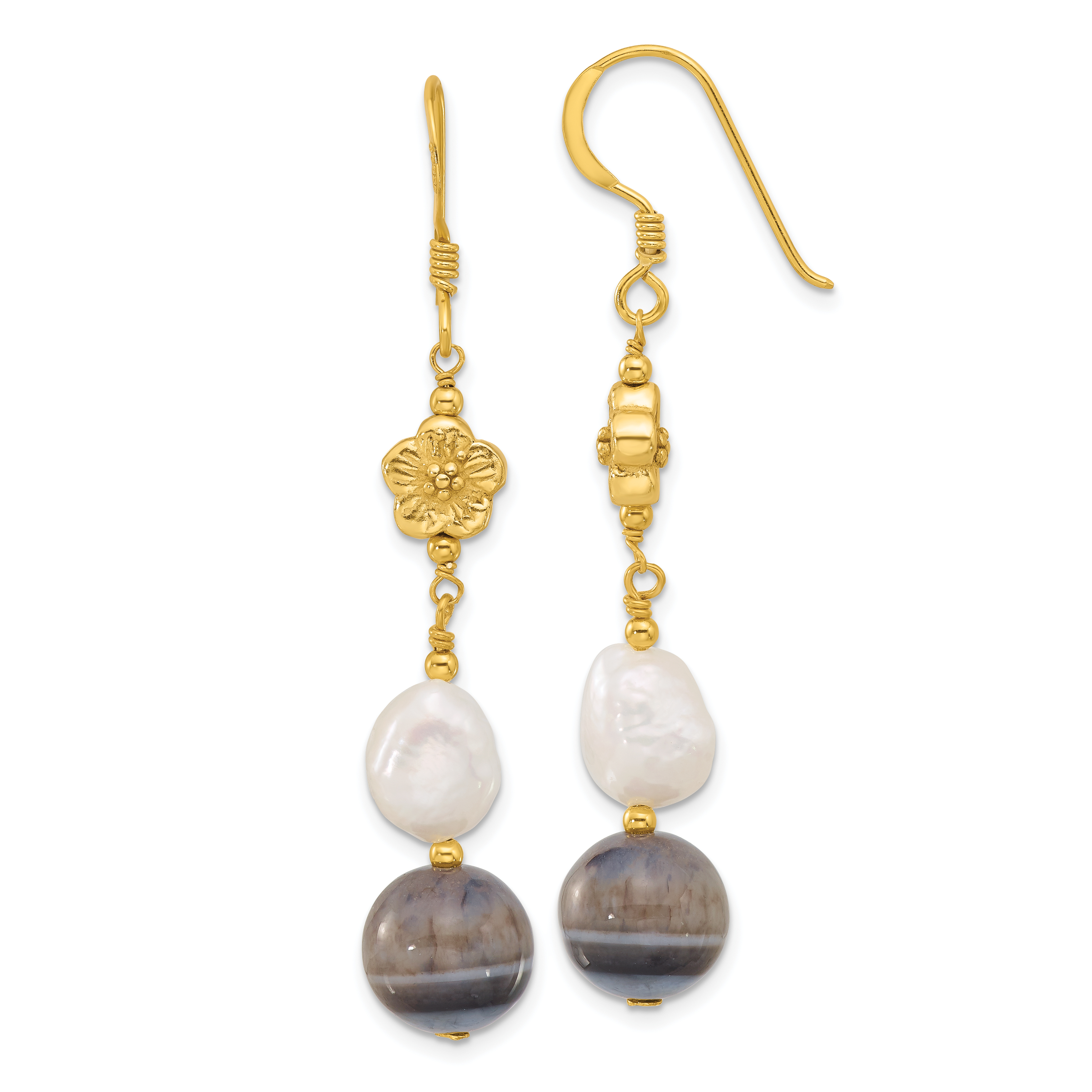 Sterling Silver Gold-plated FWC Pearl and Sardonyx Flower Earrings (QE16688)