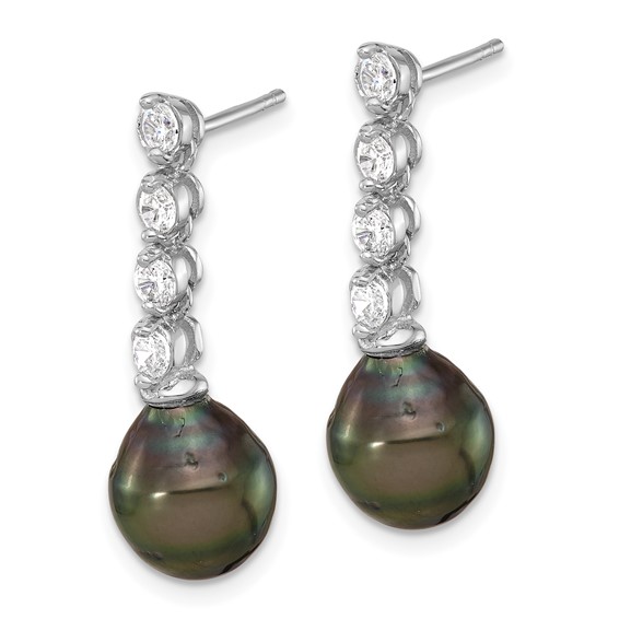 Sterling Silver Rhodium-plated 9-10mm Black Teardrop Tahitian Saltwater Cultured Pearl and CZ Post Dangle Earrings