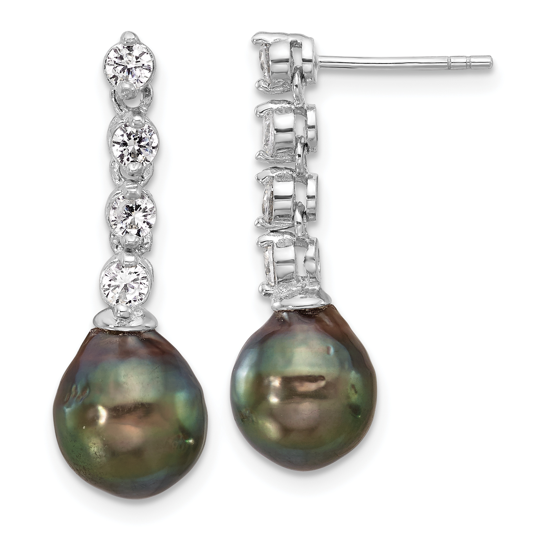 Sterling Silver Rhodium-plated 9-10mm Black Teardrop Tahitian Saltwater Cultured Pearl and CZ Post Dangle Earrings (QE16714)