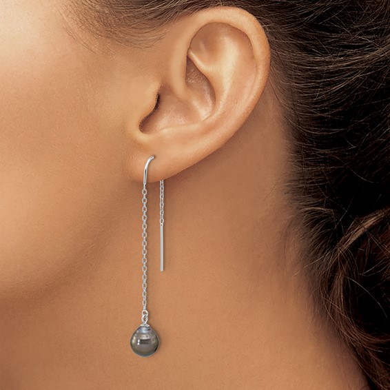 Sterling Silver Rhodium-plated 9-10mm Black Teardrop Tahitian Saltwater Cultured Pearl Threader Earrings