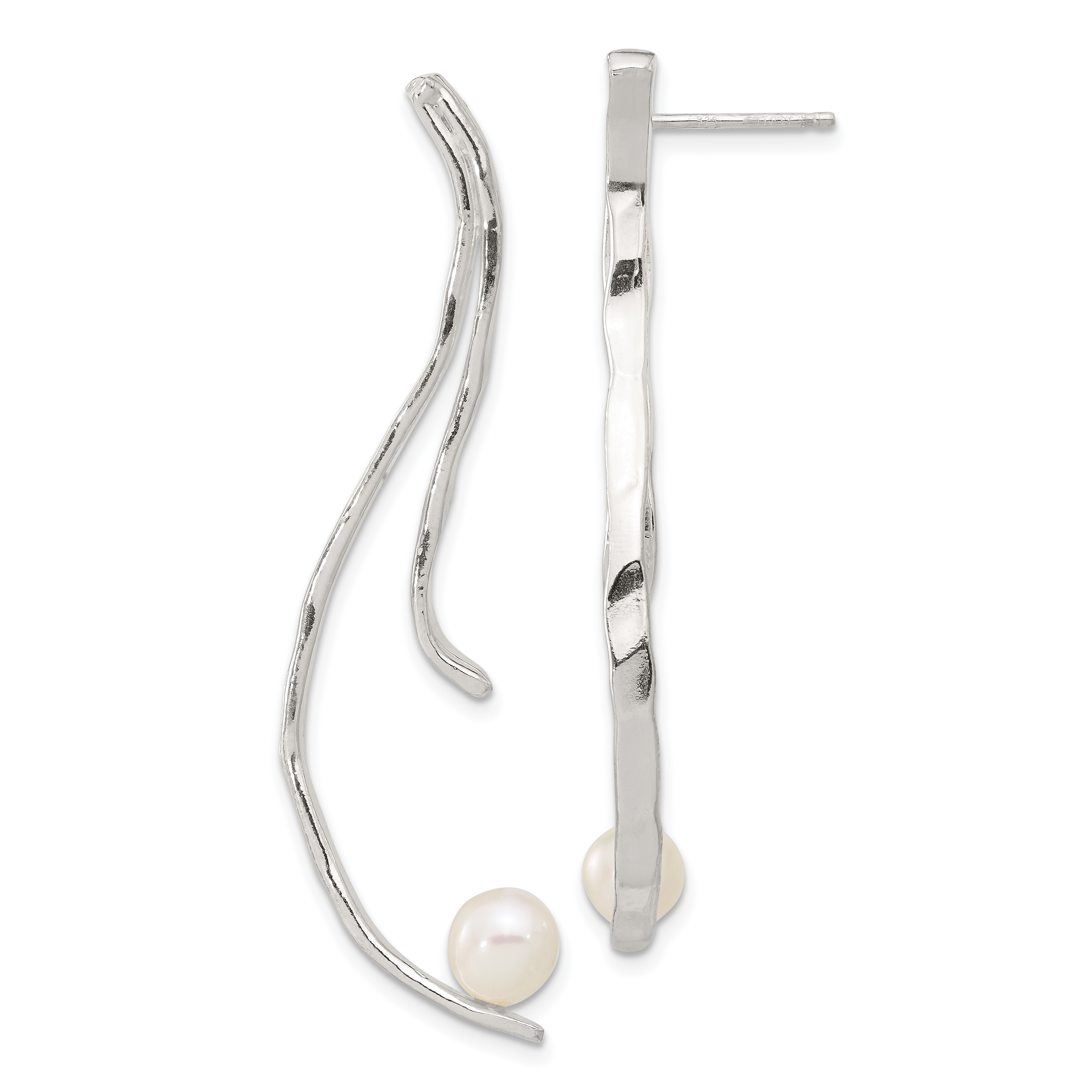 Sterling Silver RH-pltd Polish/Hammered FWC Pearl Post Dangle Earrings (QE16717)