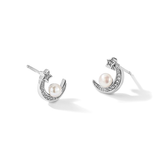 Sterling Silver Rhod-plated CZ and FWC Pearl Moon and Star Post Earrings