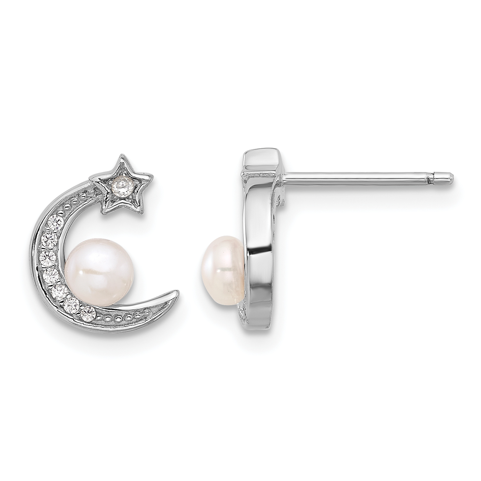 Sterling Silver Rhod-plated CZ and FWC Pearl Moon and Star Post Earrings (QE16718)