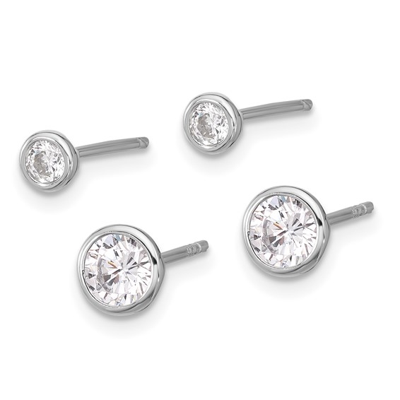 Sterling Silver RH-plated 3mm and 5mm CZ Bezel Post Earrings Set