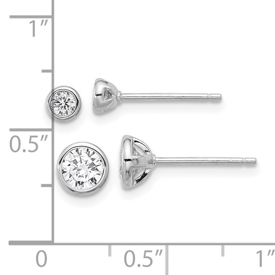 Sterling Silver RH-plated 3mm and 5mm CZ Bezel Post Earrings Set