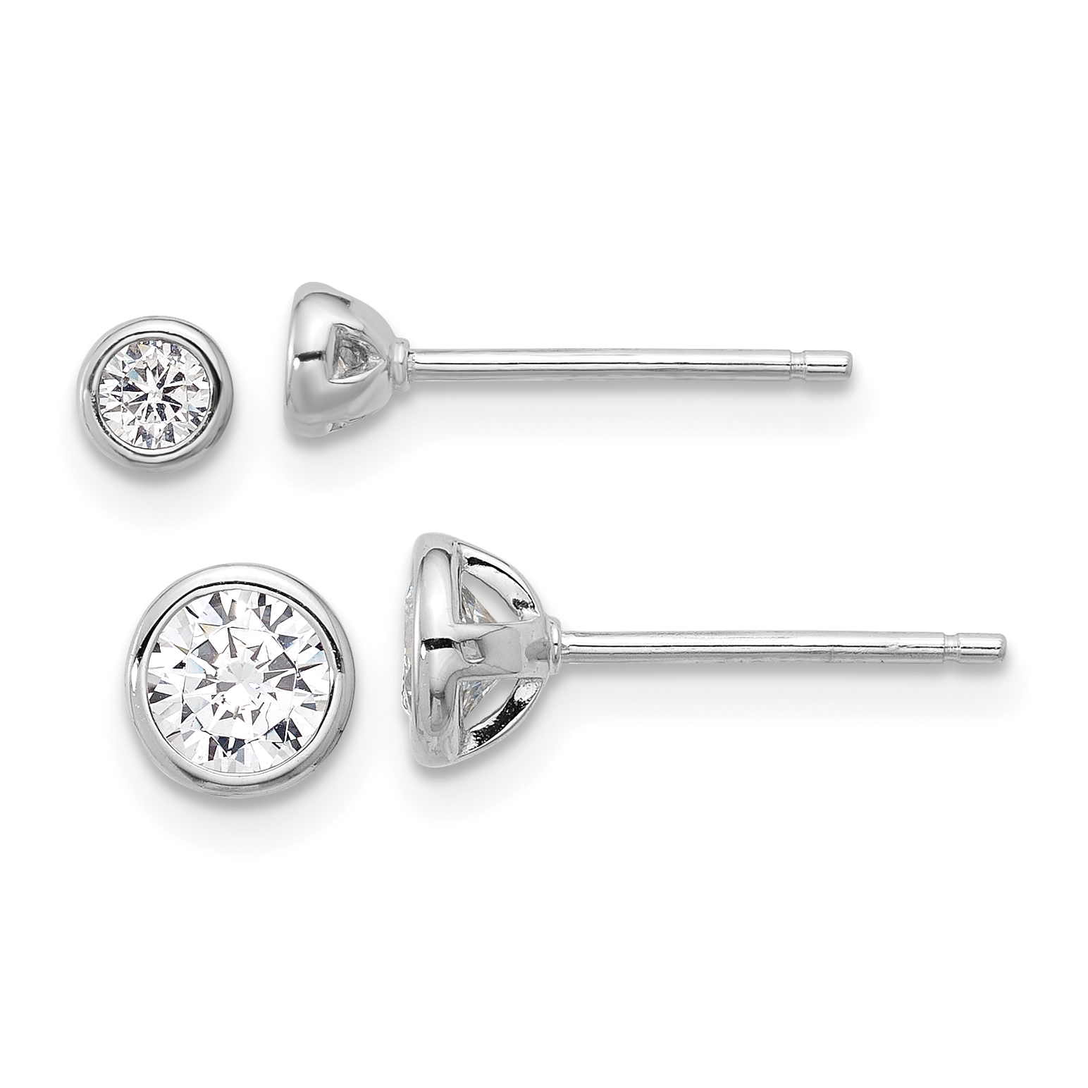 Sterling Silver RH-plated 3mm and 5mm CZ Bezel Post Earrings Set (QE16718SET)