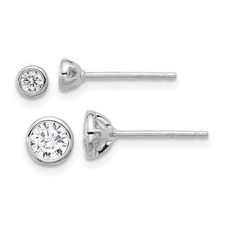 Sterling Silver RH-plated 3mm and 5mm CZ Bezel Post Earrings Set
