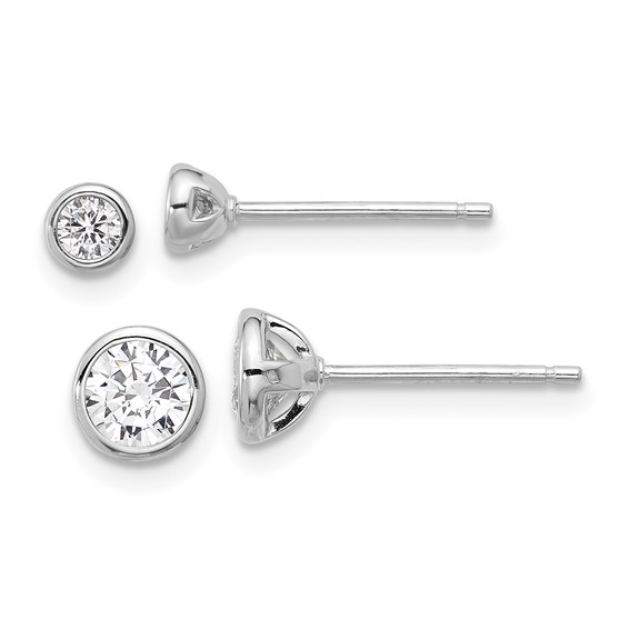 Sterling Silver RH-plated 3mm and 5mm CZ Bezel Post Earrings Set