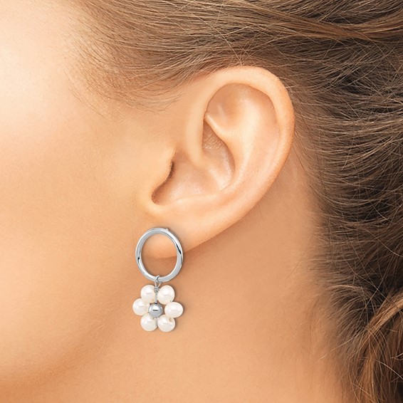 Sterling Silver Rhodium-plated 4-5mm White Semi-Round Freshwater Cultured Pearl Flower Post Dangle Earrings