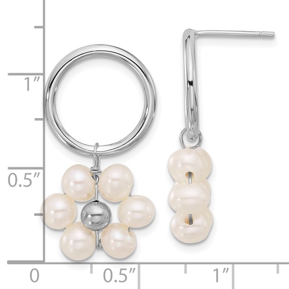 Sterling Silver Rhodium-plated 4-5mm White Semi-Round Freshwater Cultured Pearl Flower Post Dangle Earrings