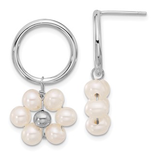 Sterling Silver Rhodium-plated 4-5mm White Semi-Round Freshwater Cultured Pearl Flower Post Dangle Earrings