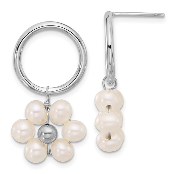 Sterling Silver Rhodium-plated 4-5mm White Semi-Round Freshwater Cultured Pearl Flower Post Dangle Earrings