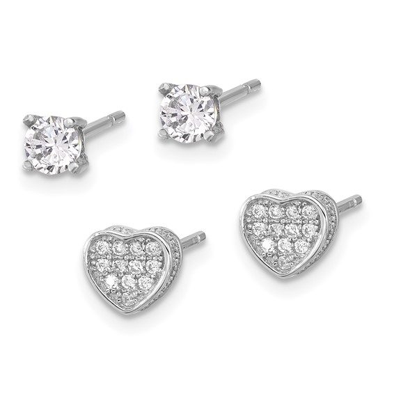 Sterling Silver RH-plated Pavé CZ Heart/4mm CZ Stud Post Earrings Set