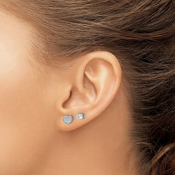 Sterling Silver RH-plated Pavé CZ Heart/4mm CZ Stud Post Earrings Set