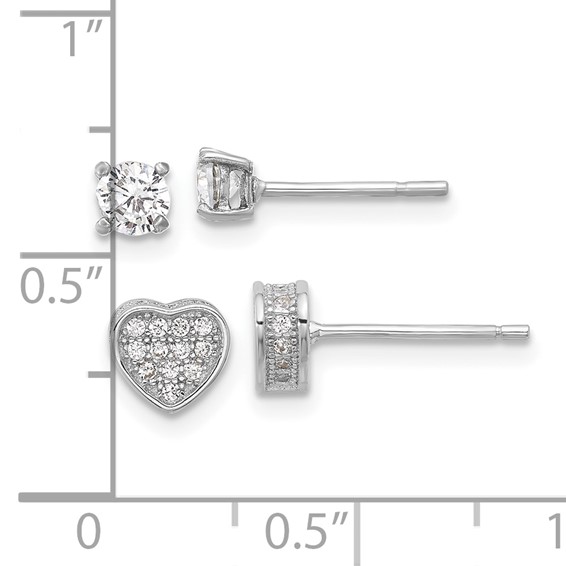 Sterling Silver RH-plated Pavé CZ Heart/4mm CZ Stud Post Earrings Set