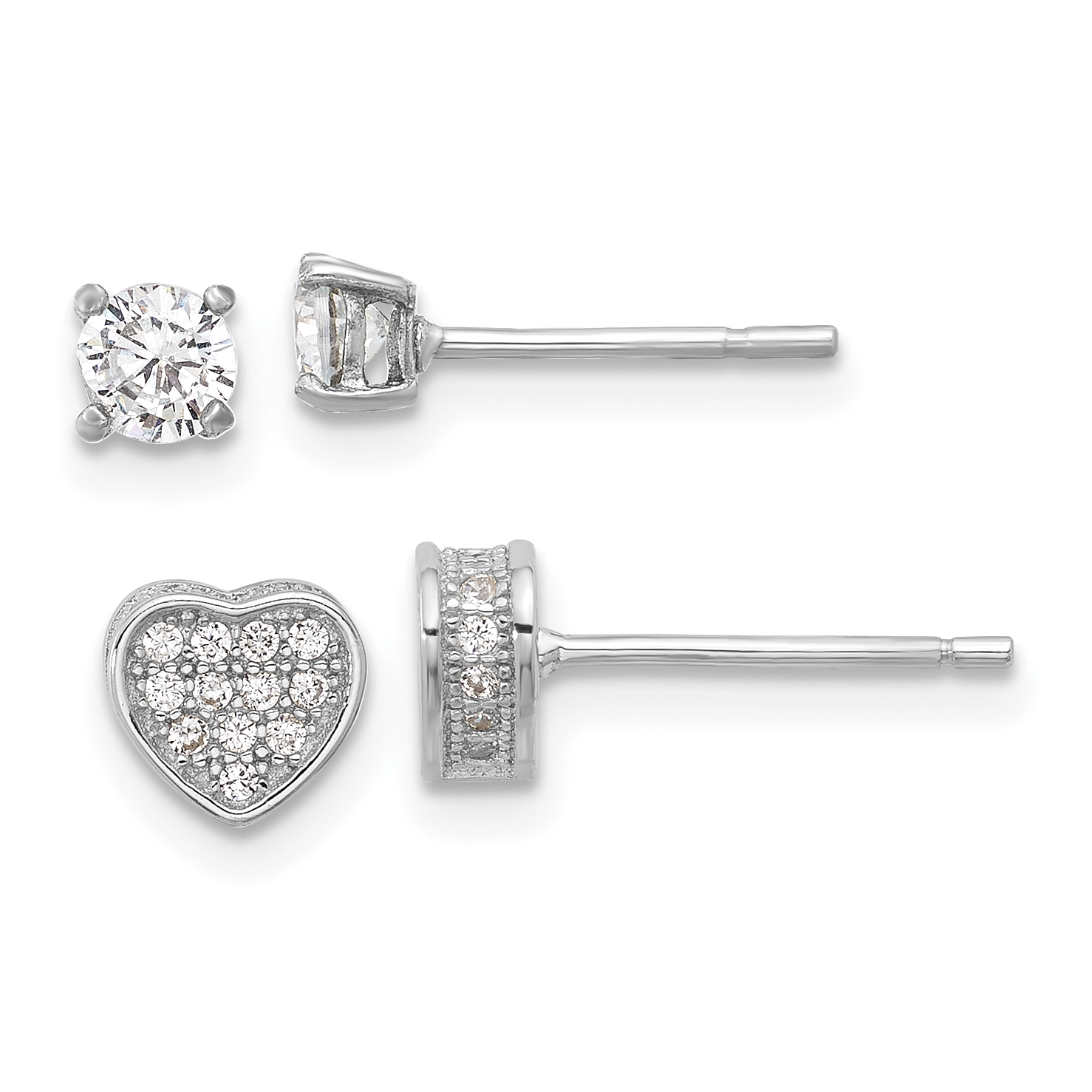 Sterling Silver RH-plated PavÃ© CZ Heart/4mm CZ Stud Post Earrings Set (QE16719SET)