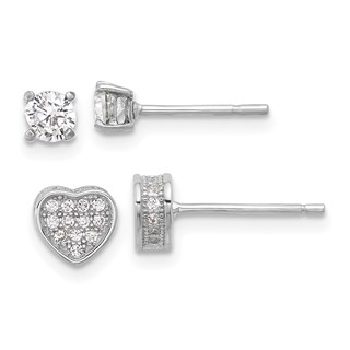 Sterling Silver RH-plated Pavé CZ Heart/4mm CZ Stud Post Earrings Set