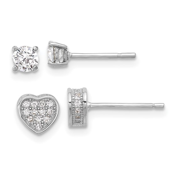 Sterling Silver RH-plated Pavé CZ Heart/4mm CZ Stud Post Earrings Set
