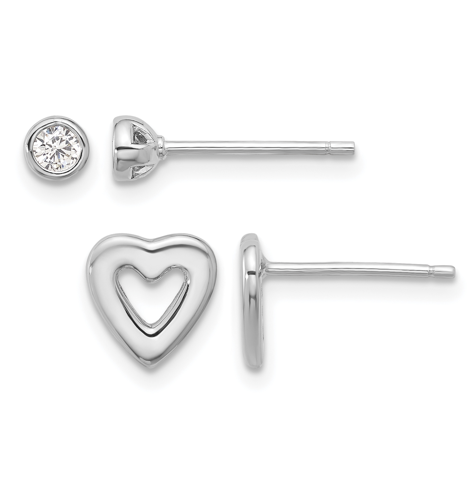 Sterling Silver Rhodium-plated CZ and Heart Post Earrings Set (QE16720SET)