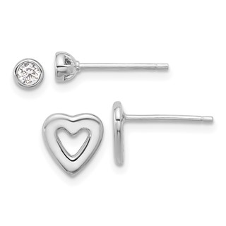 Sterling Silver Rhodium-plated CZ and Heart Post Earrings Set