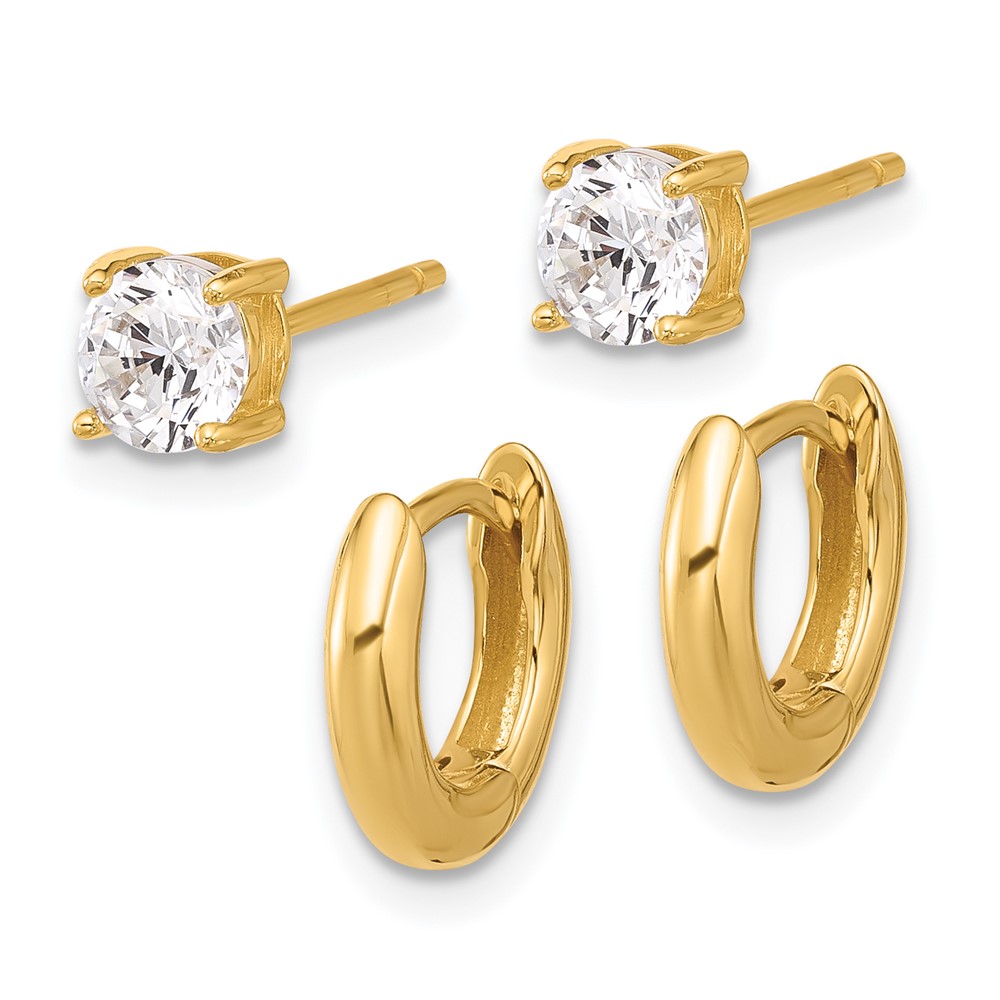 Sterling Silver Gold-tone 2.5mm Huggie Hoops/5mm CZ Stud Earrings Set (QE16721GPSET)